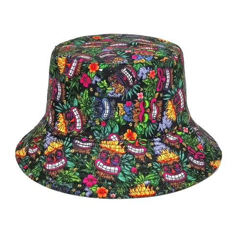 Tiki Masken Print Fischerhut Wendbar Polyester Tropisch Floral Sonnenschutz Faltbar Retro Outdoor Reise Hut