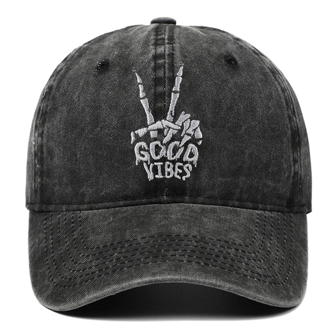 Washed Cotton Baseball Cap Skeleton Hand Embroidery Good Vibes Vintage Adjustable Sun Hat For Outdoor Retro Streetwear