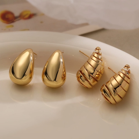 Vintage Water Drop And Spiral Stud Earrings Copper Gold Plated Minimalist Elegant Geometric Jewelry For Women