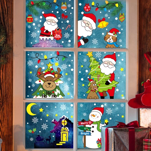 Stickers De Fenêtre De Noël PVC Statique Père Noël Bonhomme De Neige Renne Flocon De Neige Dessin Animé Autocollants Verre Décor Fête