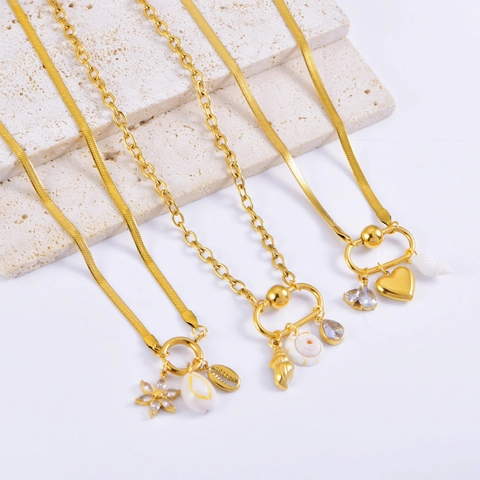 Stainless Steel Shell Zirconia Heart Pendant Necklace New Chinese Style Conch Artificial Pearl Choker For Women Jewelry