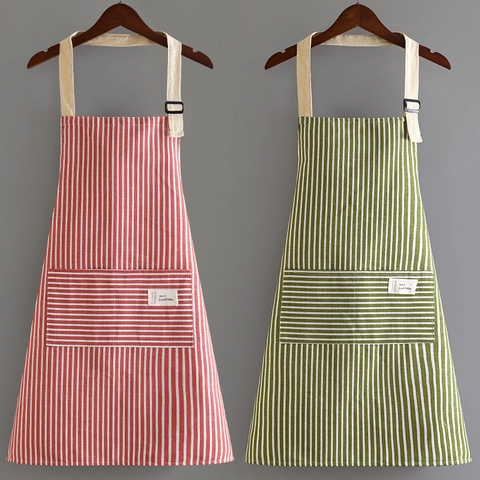 Delantal Rayas Algodón Lino Correa Ajustable Bolsillo Delantero Cocina Cocinar Hornear Ropa De Trabajo