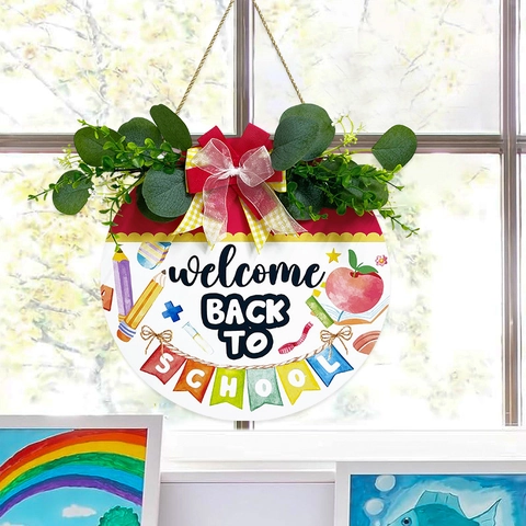 Welcome Back To School Round Wooden Door Sign Hanging Plaque With Artificial Greenery And Bow Classroom Decoration