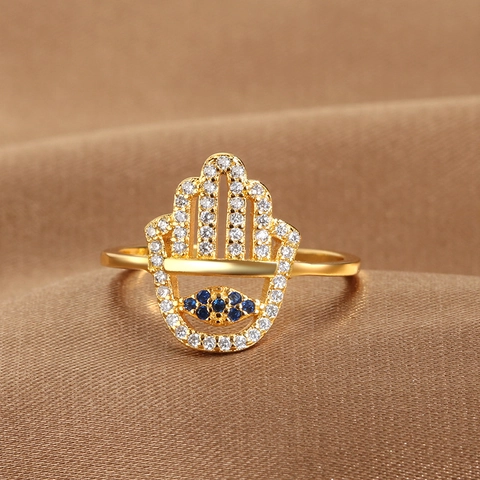 Hamsa Hand Evil Eye Open Ring For Women Men Copper Gold Silver Plated Zirconia Adjustable Ethnic Amulet Jewelry Finger Ring Gift