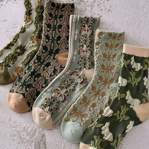 Women Crew Socks Retro Mori Style 3D Relief Embossed Floral Rabbit Pattern Breathable Cotton Blend Casual Hosiery