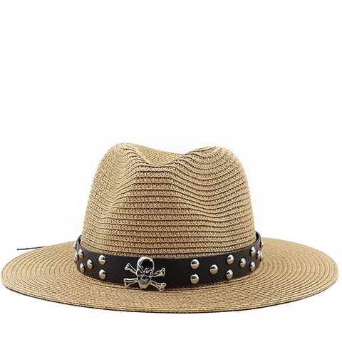 Sombrero Fedora De Paja Trenzada Protección Solar Verano Playa Transpirable Cinturón Cuero Remaches Metal Decoración Cráneo Hombre Mujer