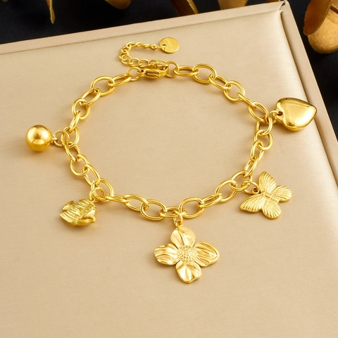 Vergulde Roestvrijstalen Armband Voor Dames Zware O-Ketting Met Vlinder Bloem Hart Vis Hangers Verstelbaar