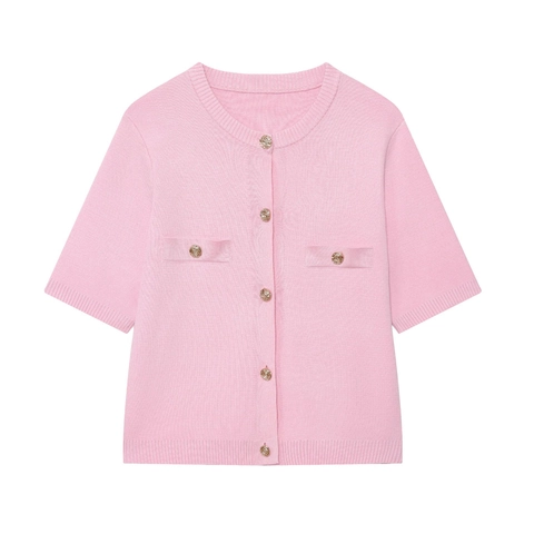 Dames Vest Korte Mouwen Polyester Acryl Ronde Hals Gouden Knopen Elegant Roze Nauwsluitende Trui Top