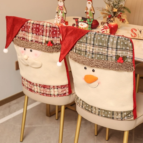 Kerst Stoelhoezen Pluche Polyester Geruite Stof Kerstman Sneeuwpop Patroon Eetkamer Decoratie Feestelijk Schattig