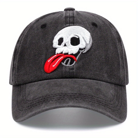 Washed Cotton Baseball Cap Retro Skelett Stickerei Rote Zunge Verstellbare Vintage Sonnenhut Für Damen Herren