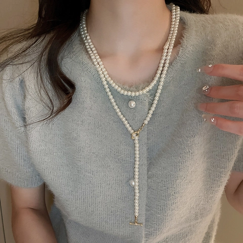 Vintage Mehrlagige Kunstperlen Halskette Elegante Lange Pulloverkette Im Französischen Stil Mit Goldenem OT-Verschluss Für Damen