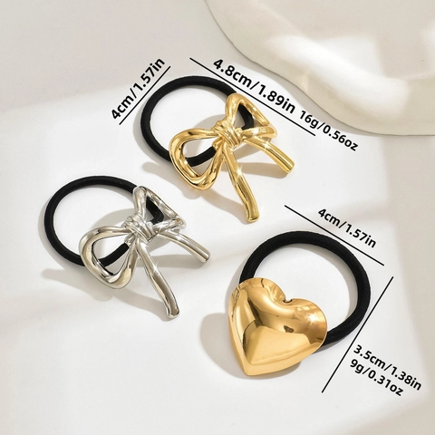 Minimalist Alloy Bowknot Heart Metal Charm Elastic Hair Ties Ponytail Holder Elegant Hair Accessory For Women