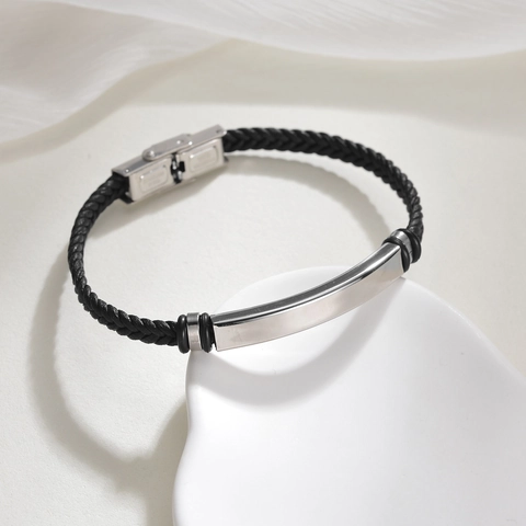 Pulsera de Cuero Trenzado para Hombre Con Placa de Identidad de Acero Inoxidable Pulido Joyas Hip Hop Oro Plata Negro