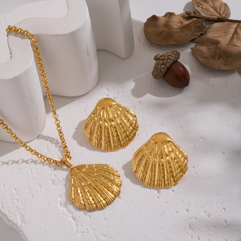 Shell Necklace And Earrings Stainless Steel Gold Plated Marine Beach Jewelry For Women Hypoallergenic Waterproof