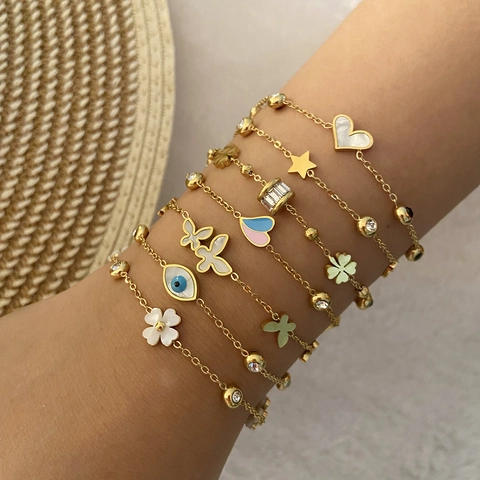 Pulsera Ajustable De Acero Inoxidable Chapado En Oro Corazón Mariposa Ojo Turco Nácar Circonita Para Mujer Joyería Elegante