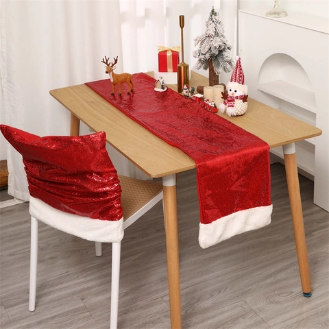 Christmas Table Runner Chair Cover Sequin Fabric Faux Fur Trim Party Wedding Home Decor Nordic Style