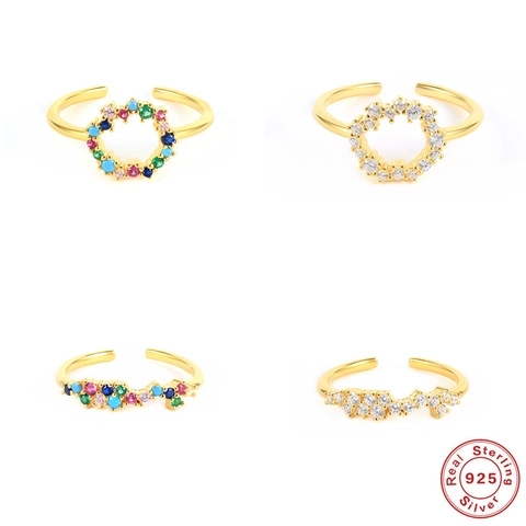 Open Rings 925 Sterling Silver Gold Plated With Colorful Cubic Zirconia Minimalist Adjustable Fashion Finger Jewelry Women