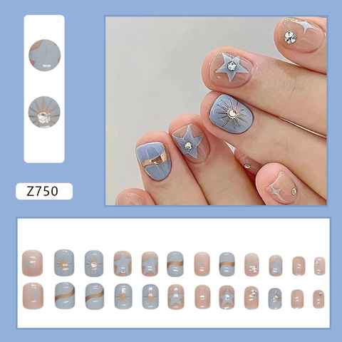 Blue Star Press On Nails Kurz Quadratisch Strass Sonnenmuster Süßer Ins Stil Mode Künstliche Fingernägel Für Damen Alltag