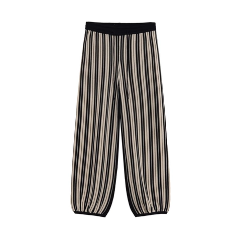Women Polyester Knit Stripe Crew Neck Button Top And Long Pants Lounge Casual Streetwear