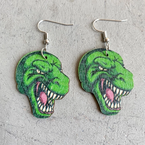 Wooden Animal Head Dangle Earrings For Women Wolf Dinosaur Tiger Leopard Trendy Statement Novelty Jewelry