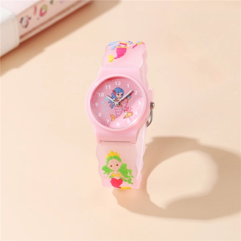 Kids Quartz Watch Cartoon Mermaid Pattern Plastic Case Silicone Strap Analog Wristwatch For Girls Students