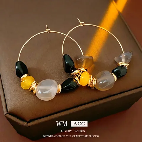 Irregular Agate Large Hoop Earrings With 925 Sterling Silver Earring Post Vintage Ethnic Style Jewelry For Women