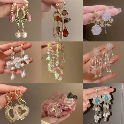 Elegant Dangle Earrings With 925 Sterling Silver Earring Post Alloy Crystal Artificial Pearl Tassel Floral Heart Retro Style For Women