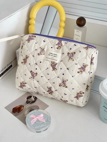 Trousse De Maquillage En Coton Matelassé Style Coréen Motif Ours Et Fleurs Organisateur De Cosmétiques Sac Portable