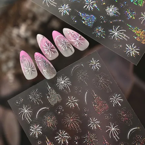 Adesivi Per Unghie Olografici Argento Rilievo Motivi Fuochi D'artificio Castello Cielo Stellato Decalcomanie Manicure