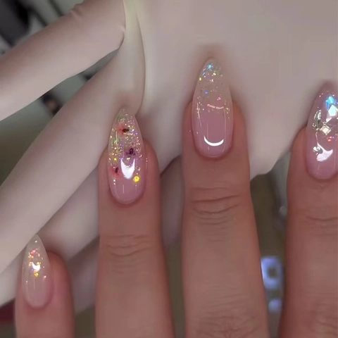 Press On Nails Mandelform Rosa Verlauf Pfirsichblüte Florales Design Glänzend Feiner Glitzer Künstliche Falsche Nägel Für Frauen
