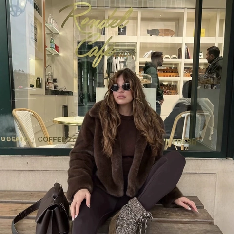 Abrigo Piel Sintética Mujer Chaqueta Corta Felpa Solapa Manga Larga Invierno Cálido Streetwear Color Sólido Elegante Grueso