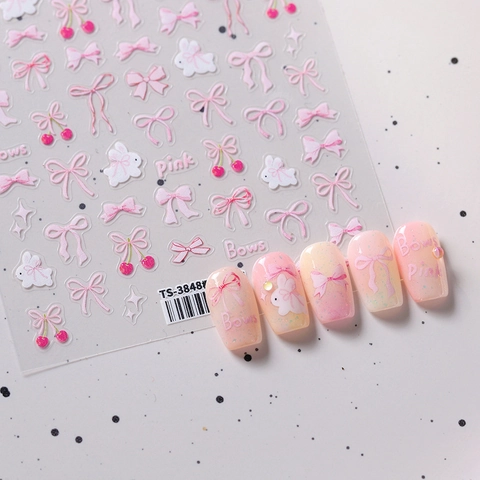 Autocollants À Ongles 3D En Relief Nœuds Roses Cerise Lapin Ultra Minces Mats Auto-Adhésifs Pour Manucure DIY