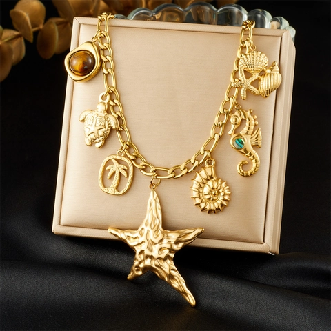 Vergulde 304 Roestvrijstalen Oceaan Zeester Schelp Zeepaardje Schildpad Hanger Ketting Voor Dames Vintage Strand Sieraden
