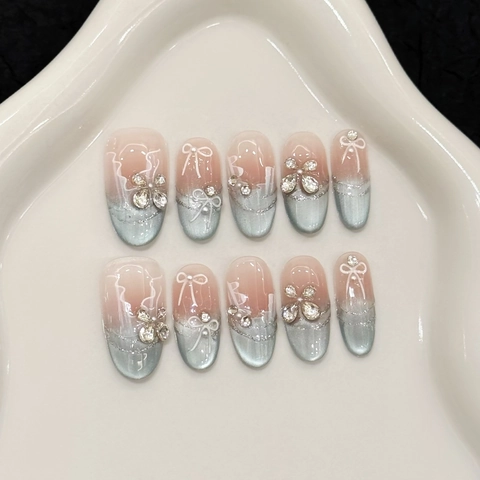 Künstliche Nägel Blau Katzenauge Farbverlauf Mit Schleife Und Strass Französischer Stil Elegante Fingernägel