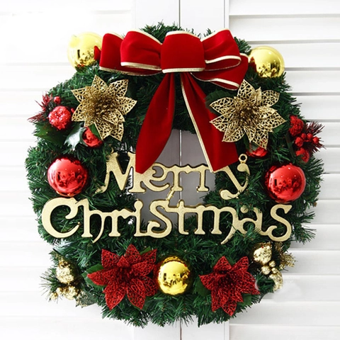 Christmas Wreath Artificial Pine Rattan Berries Pine Cones Merry Christmas Sign Ribbon Hanging Front Door Wall Decor