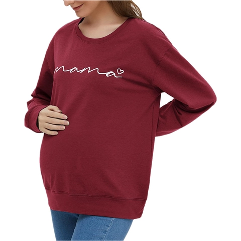 Mama Letter Print Hart Grafische Zwangerschapshoodie Lange Mouwen Ronde Hals Katoenmix Casual Wijnrood Sweatshirt Voor Zwangere Vrouwen