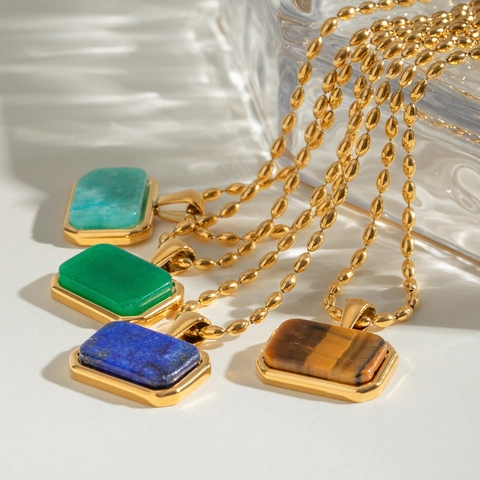 Collar de Acero Inoxidable Chapado en Oro de 18K Vintage Colgante Rectangular de Piedra Natural Ojo de Tigre Joyería para Mujer