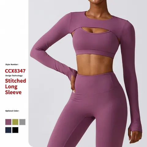 Women Yoga Suit Nylon Spandex Long Sleeve Hollow Out Shrug Top Sports Bra And High Waist Leggings Fitness Gym Apparel