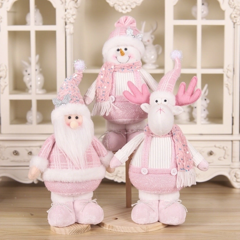 Christmas Plush Doll Ornament Pink Sequin Knitted Fabric Telescopic Legs Santa Snowman Reindeer Standing Home Decoration