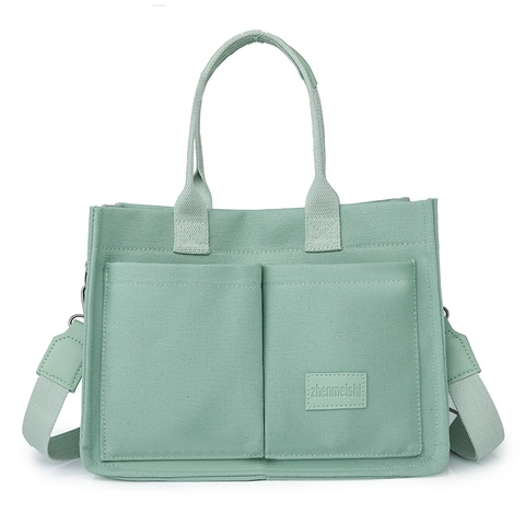 Japanese Style Minimalist Canvas Tote Bag Women Large Capacity Shoulder Crossbody Handbag Front Pockets Commuting School