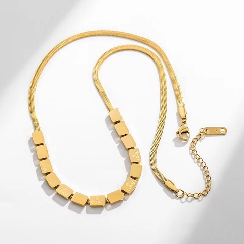 Stainless Steel LOVE Square Block Pendant Necklace For Women Gold Silver Plated Snake Chain Minimalist Fashion Jewelry