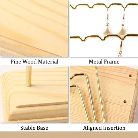 Metal Jewelry Display Stand With Pine Wood Base Earring Holder Necklace Organizer Desktop Storage Rack Gold Iron Minimalist Modern