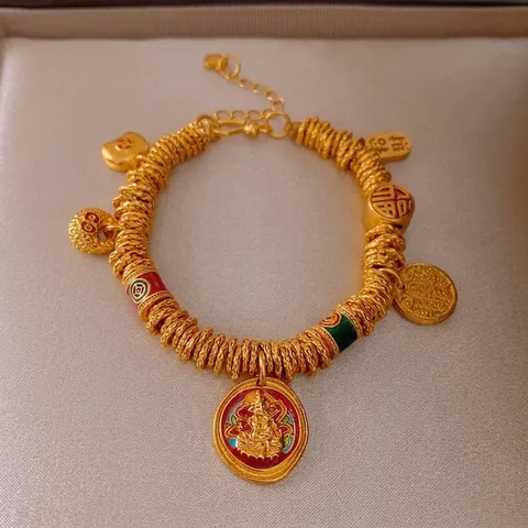 Pulsera De Cobre Chapado En Oro De Estilo Chino Con Dijes De Esmalte Dios De La Riqueza Carácter Fu Ajustable Para Mujeres