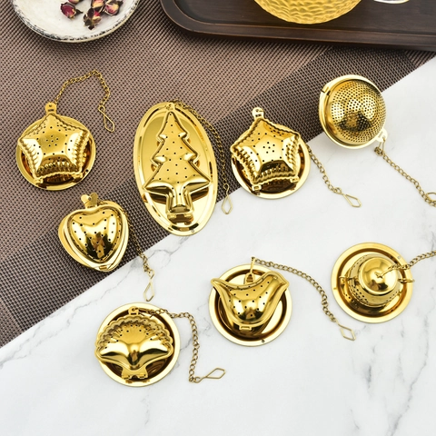 Infusor De Té Acero Inoxidable 304 Dorado Con Cadena De Suspensión Y Bandeja De Goteo Para Té De Hoja Suelta
