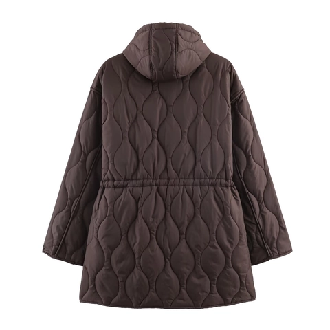 Gewatteerde Jas Met Capuchon Voor Dames Polyester Golfpatroon Trekkoord Taille Rits Streetwear Casual