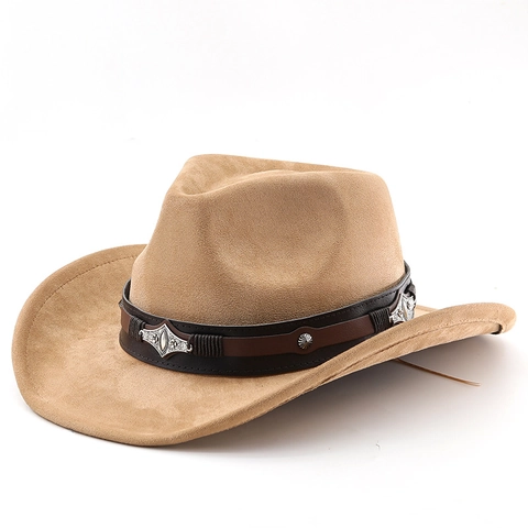 Western Cowboy Hat Faux Suede Wide Brim Vintage Style Decorative Leather Belt Ethnic For Men Women Outdoor