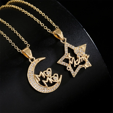 Mama Mom Anhänger Halskette Kupfer 18K Vergoldet Zirkonia Stern Mond Herz Muttertagsgeschenk Für Damen