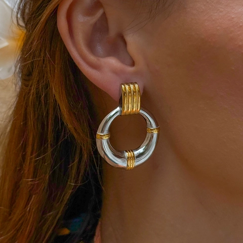 Tweekleurige Goud Zilver Roestvrijstalen Creolen voor Dames Waterdicht Hypoallergeen Geometrische Sieraden Cadeau