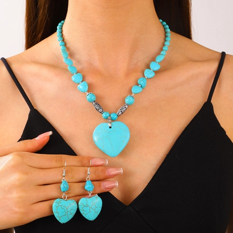 Bohemian Vintage Künstlicher Türkis Schmuckset Herz Schmetterling Anhänger Halskette Ohrringe Legierung Schmuck Damen
