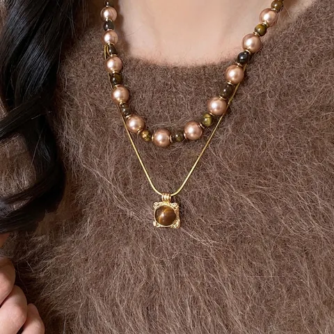 Collar Con Colgante De Ojo De Tigre Retro Con Cadena De Cobre Dorado Y Perlas Artificiales Artificiales Joyería De Lujo Para Mujer